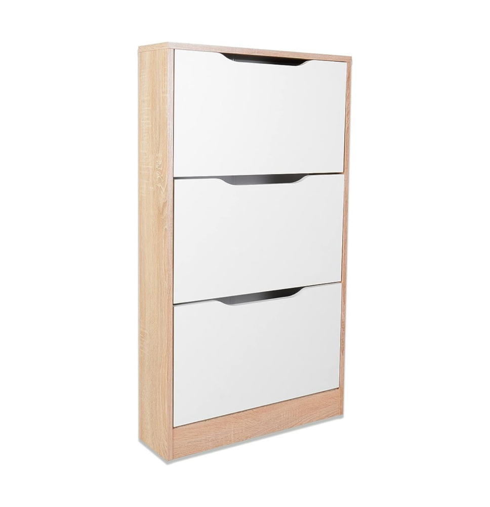 Mueble Zapatero con 3 Puertas, Estrecho, Color Cambria y Blanco, Medidas: 107 cm (Alto) x 60 cm (Ancho) x 17,3 cm (Fondo)